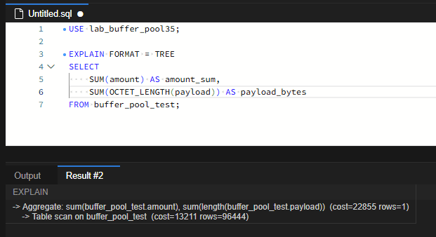 EXPLAIN FORMAT=TREE 결과에서 Aggregate 아래에 Table scan이 표시됩니다. 전체 행을 읽어 집계하는 계획이며, rows=96444는 실제 측정 행 수가 아닌 옵티마이저의 추정값입니다.