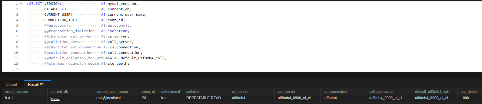 EXPLAIN key에 인덱스가 찍혀도 30만 행을 읽었다: MySQL 조인 컬럼 문자셋·콜레이션 불일치 2 MySQL 8.4.11 세션 정보 조회 결과, autocommit true, REPEATABLE-READ, 서버와 연결 콜레이션 모두 utf8mb4_0900_ai_ci