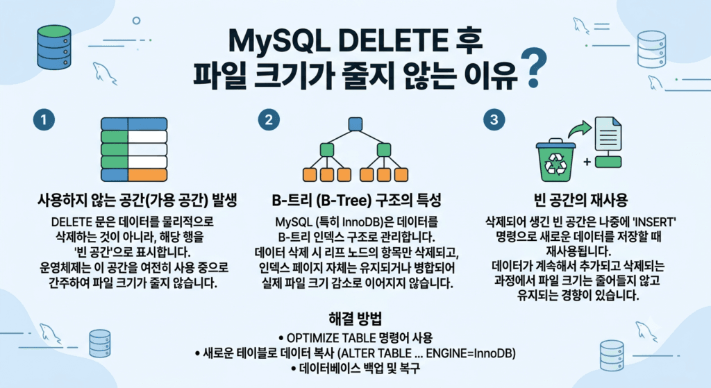 MySQL DELETE 후 파일 크기가 줄지 않는 이유: 90% 삭제와 OPTIMIZE TABLE 실측 1 MySQL DELETE 후 파일 크기가 줄지 않는 이유